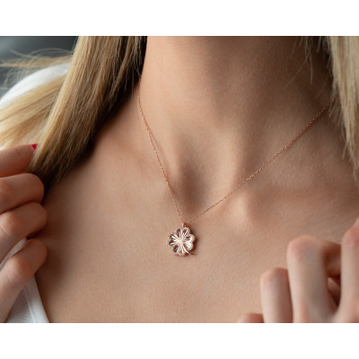 14k Gold Filled Four Leaf Clover Necklace with Silver Zircon Stones,