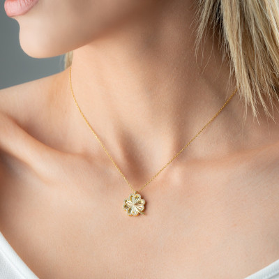 14k Gold Filled Four Leaf Clover Necklace with Silver Zircon Stones,