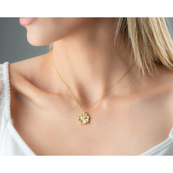 14k Gold Filled Four Leaf Clover Necklace with Silver Zircon Stones,