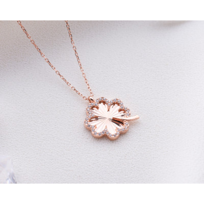 14k Gold Filled Four Leaf Clover Necklace with Silver Zircon Stones,