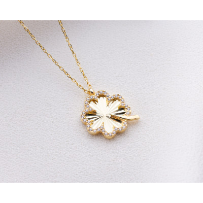 14k Gold Filled Four Leaf Clover Necklace with Silver Zircon Stones,