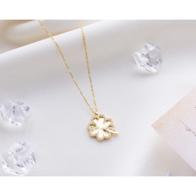 14k Gold Filled Four Leaf Clover Necklace with Silver Zircon Stones,