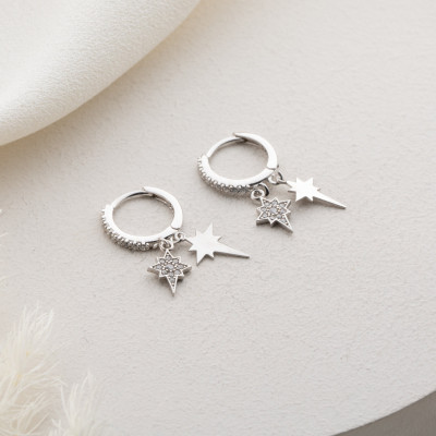 Dainty Celestial Star Hoop Earrings, Gold Star Huggie Earrings, Silver Unique Star Dangle Earrings for Moms