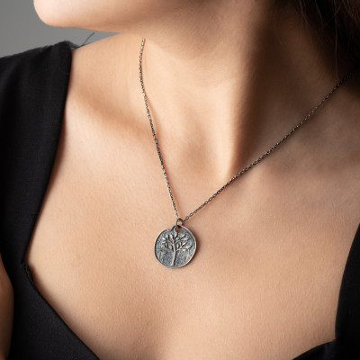 Sterling Silver Tree of Life Necklace for Women, Elegant Gift Jewelry, Engraved Silver Disc Pendant, Birthday Present for Her