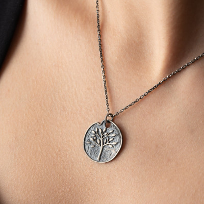 Sterling Silver Tree of Life Necklace for Women, Elegant Gift Jewelry, Engraved Silver Disc Pendant, Birthday Present for Her