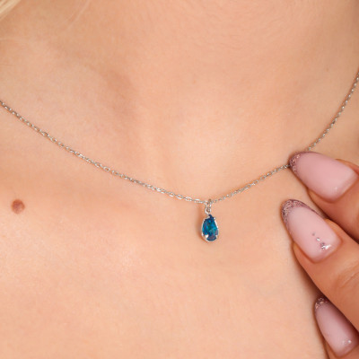 December Birthstone Dark Blue Topaz Teardrop Necklace | Dainty Navy Blue Stone Gift for Her |