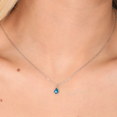 December Birthstone Dark Blue Topaz Teardrop Necklace | Dainty Navy Blue Stone Gift for Her |