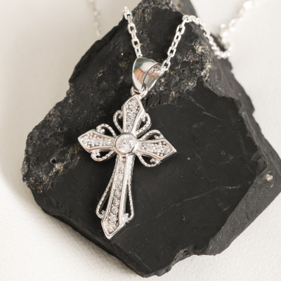 Sterling Silver Dainty Christian Cross Pendant Necklace for Women - Baptism Choker