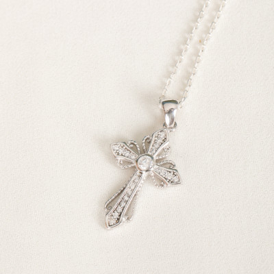 Sterling Silver Dainty Christian Cross Pendant Necklace for Women - Baptism Choker