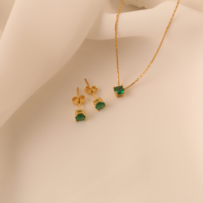 Emerald and Diamond Choker and Earrings Set - Minimalist May Birthstone Jewelry