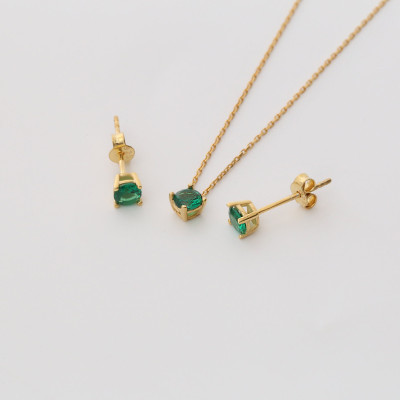 Emerald and Diamond Choker and Earrings Set - Minimalist May Birthstone Jewelry