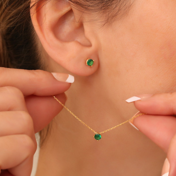 Emerald and Diamond Choker and Earrings Set - Minimalist May Birthstone Jewelry