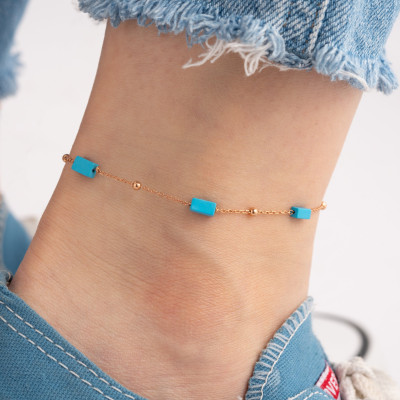 Blue Stone Gold Ball Chain Anklet, Sterling Silver Gemstone Ankle Bracelet, Gifts for Her