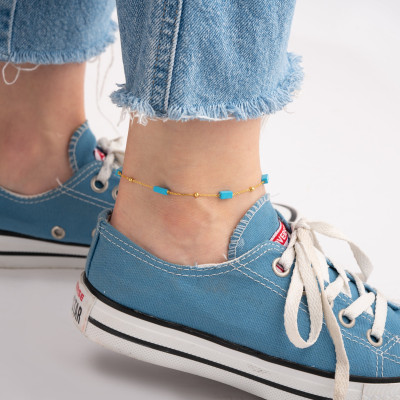 Blue Stone Gold Ball Chain Anklet, Sterling Silver Gemstone Ankle Bracelet, Gifts for Her