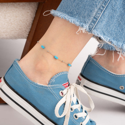 Blue Stone Gold Ball Chain Anklet, Sterling Silver Gemstone Ankle Bracelet, Gifts for Her