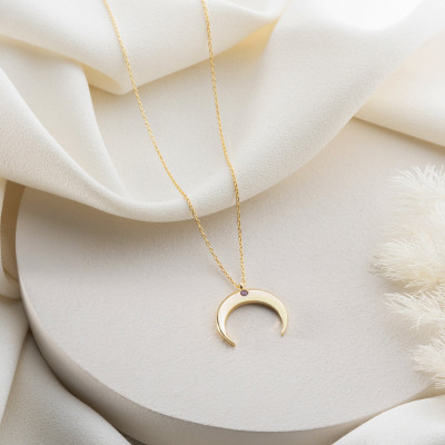 Sterling Silver Crescent Moon Birthstone Necklace for Women - Dainty Gift Jewelry Pendant