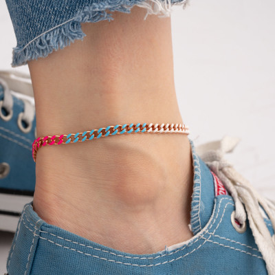 Gold Enamel Curb Chain Anklet, Sterling Silver Cuban Chain Ankle Bracelet, Women's Gifts