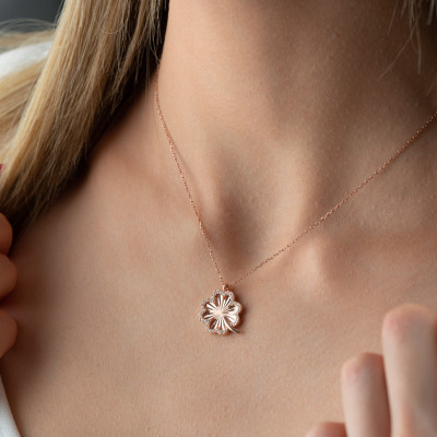 14k Gold Filled Four Leaf Clover Necklace with Elegant Silver Zircon Stone,