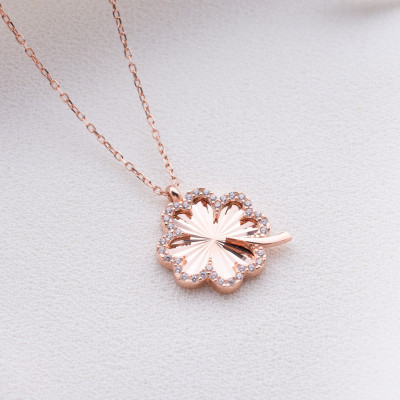 14k Gold Filled Four Leaf Clover Necklace with Elegant Silver Zircon Stone,