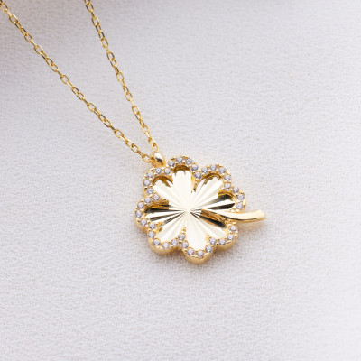 14k Gold Filled Four Leaf Clover Necklace with Elegant Silver Zircon Stone,