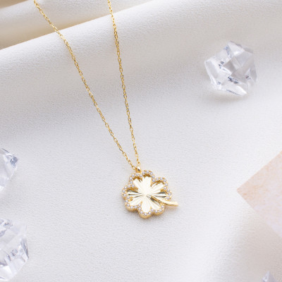 14k Gold Filled Four Leaf Clover Necklace with Elegant Silver Zircon Stone,