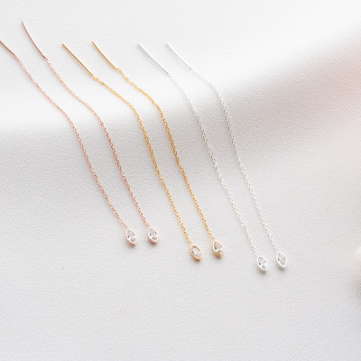 Minimalist Crystal Threader Earrings, 14k Gold Filled Dangle Earrings, Sterling Silver Chain Earrings for Women