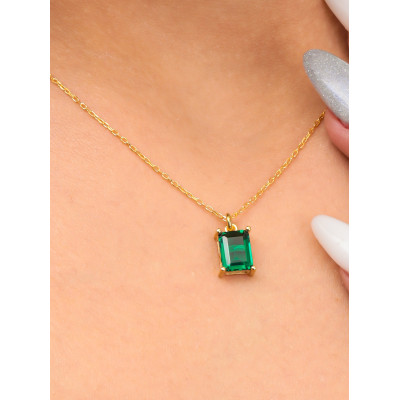 Small Green Emerald Baguette Pendant Silver Necklace - Gift for Her