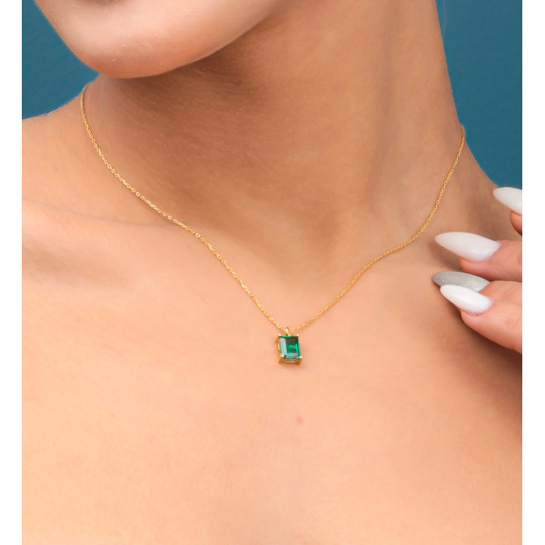 Small Green Emerald Baguette Pendant Silver Necklace - Gift for Her