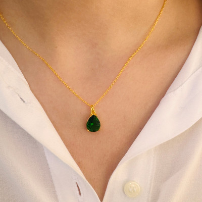 Emerald Green Choker Necklace for Women - May Birthstone Dainty Gift - Long Emerald Necklace