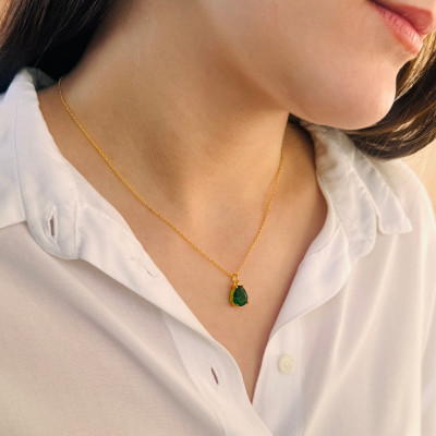 Emerald Green Choker Necklace for Women - May Birthstone Dainty Gift - Long Emerald Necklace