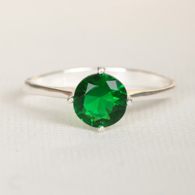 Sterling Silver Emerald Green Solitaire Engagement Ring for Women - Dainty Emerald Ring