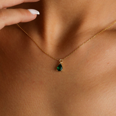 Emerald Birthstone Pendant Necklace, Gold Filled Emerald Choker, Silver Teardrop Emerald Necklace