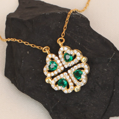 Emerald Heart CZ Choker Necklace - Dainty Magnetic Clover Good Luck Gift for Mom