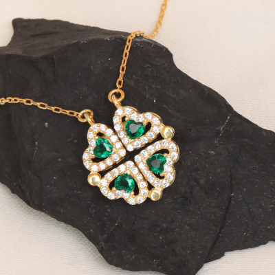 Emerald Heart CZ Choker Necklace - Dainty Magnetic Clover Good Luck Gift for Mom