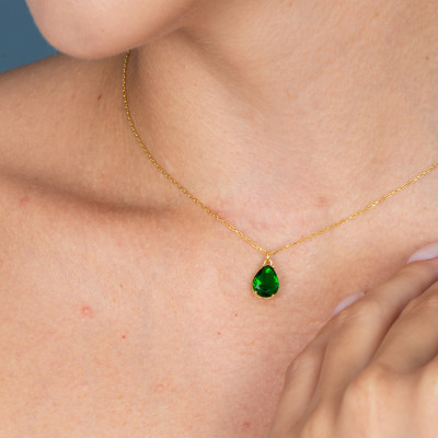 May Birthstone Emerald Pear Choker Necklace - Dainty Green Emerald Bead Drop Necklace Gift for Her