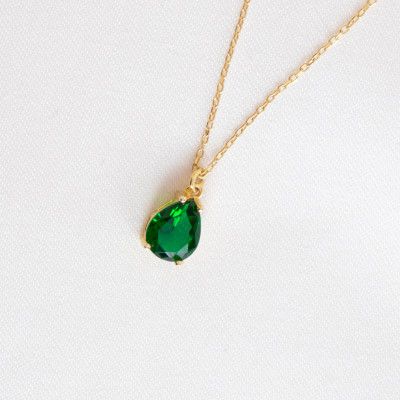 May Birthstone Emerald Pear Choker Necklace - Dainty Green Emerald Bead Drop Necklace Gift for Her