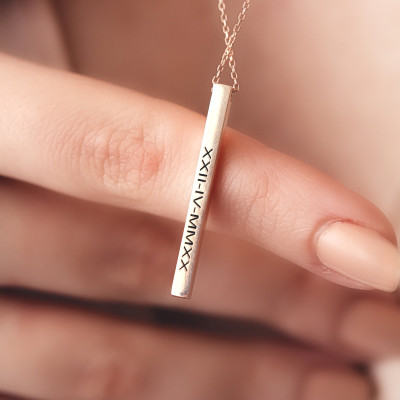 Personalized Sterling Silver Vertical Bar Necklace with Custom Date & Name, Engraved Initial Jewelry, Ideal Gift for Her,