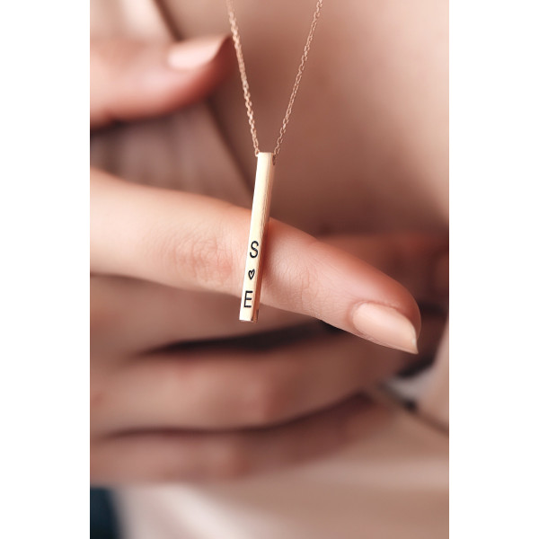 Personalized Sterling Silver Vertical Bar Necklace with Custom Date & Name, Engraved Initial Jewelry, Ideal Gift for Her,