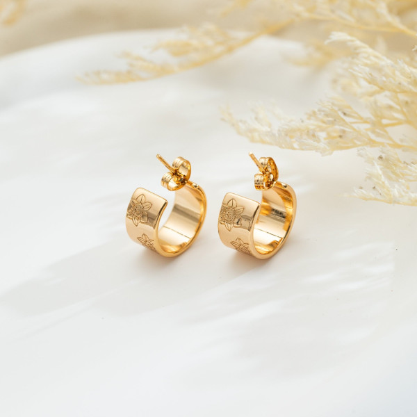 Birth Flower Engraved Earrings, 18K Gold Plated Hoop Earrings for Women, Birthday & Christmas Gift for Her or Grandma