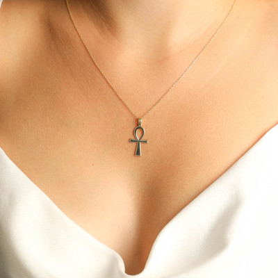 Personalized Gold Ankh Necklace for Men and Women, Sterling Silver Ankh Nameplate Necklace, Mother's Gift