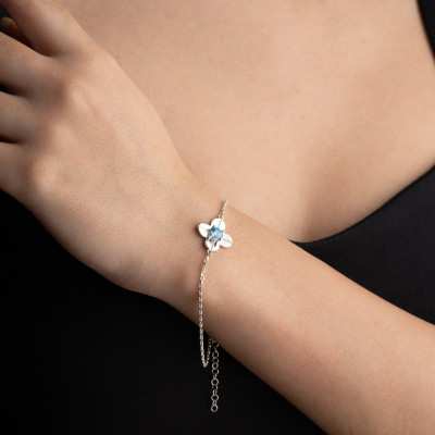 Custom Silver Clover Bracelet with Citrine and Blue Topaz Birthstones - December Mom Gift, Bridesmaid Jewelry