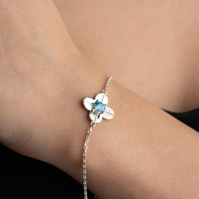 Custom Silver Clover Bracelet with Citrine and Blue Topaz Birthstones - December Mom Gift, Bridesmaid Jewelry