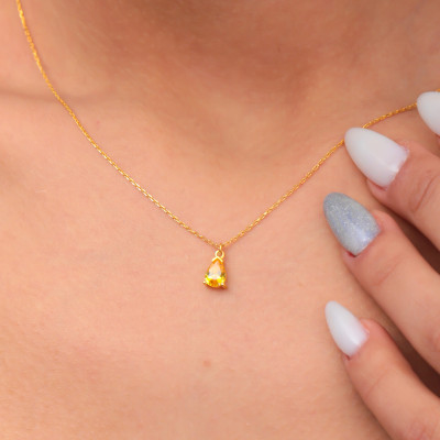 14k Gold Pear Citrine Drop Necklace - November Birthstone Jewelry Christmas Gift