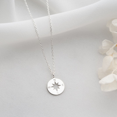 Women's Silver Compass Pendant Necklace - Tiny Nautical Coordinate Necklace Gift for Travelers in the