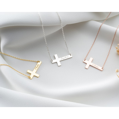 Women's Personalized Cross Necklace - Silver, Rose Gold, Dainty, Engraved Crucifix Pendant - Christmas Gifts