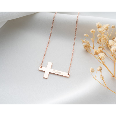 Women's Personalized Cross Necklace - Silver, Rose Gold, Dainty, Engraved Crucifix Pendant - Christmas Gifts