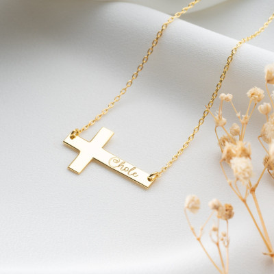 Women's Personalized Cross Necklace - Silver, Rose Gold, Dainty, Engraved Crucifix Pendant - Christmas Gifts