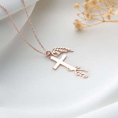 Sterling Silver Gold Cross Necklace for Women - Personalized Name Crucifix Pendant - Dainty Rose Gold Necklace - Christmas Gift