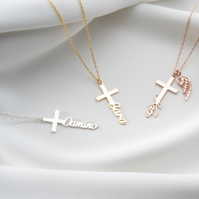 Sterling Silver Gold Cross Necklace for Women - Personalized Name Crucifix Pendant - Dainty Rose Gold Necklace - Christmas Gift