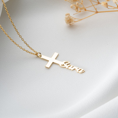 Sterling Silver Gold Cross Necklace for Women - Personalized Name Crucifix Pendant - Dainty Rose Gold Necklace - Christmas Gift